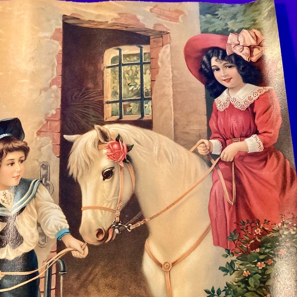Victorian Style Vtg. Print Boy w/Girl On White Pony - Picture 3 of 7